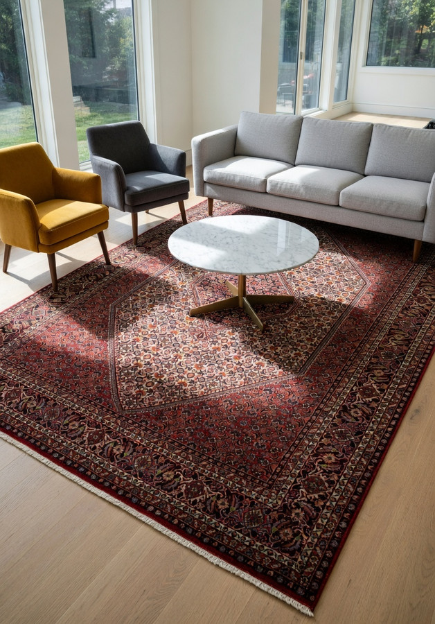 Full view of a 6'5 x 10 authentic Persian Bijar rug