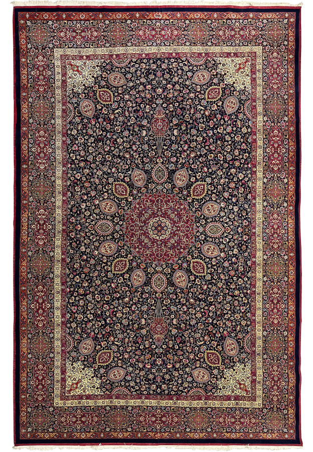 Full view of 11.4 x 16.6 Persian Mashad rug signed by Sheshkalani, featuring navy floral field, red medallion, kork wool pile, silk details, and classic borders.