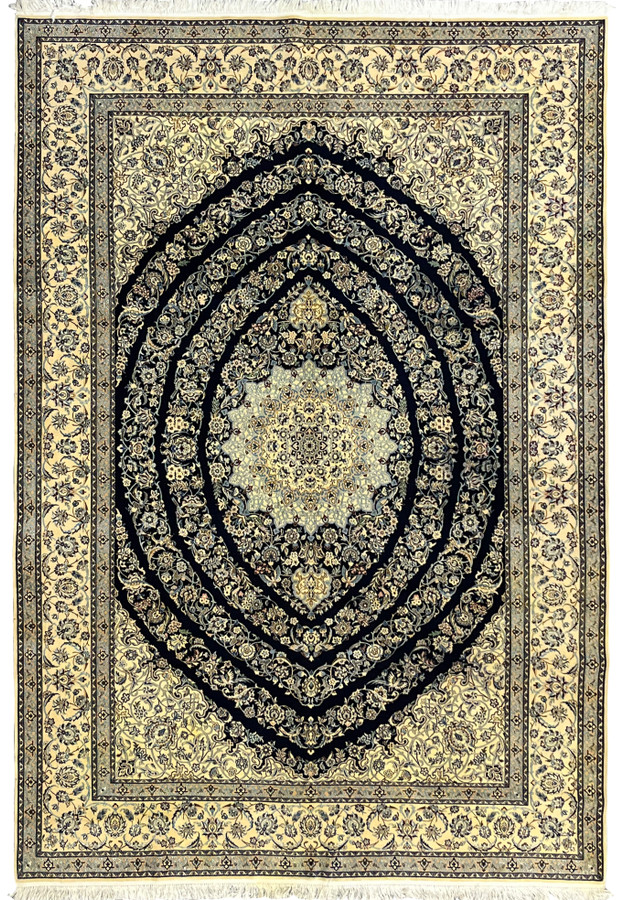 7 x 10 Persian Nain 6 La rug with deep navy field, ivory borders, silk foundation, and intricate floral medallion design