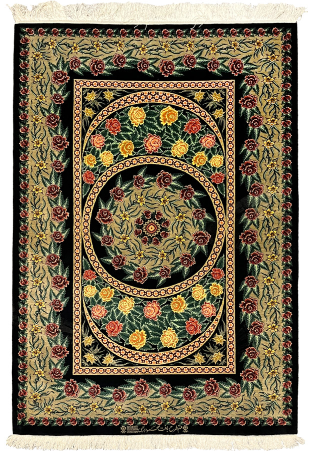 Full view of a 3'5 x 5'2 signed Persian Qum rug woven entirely in silk, featuring a black field, circular floral medallion, and richly detailed rose borders