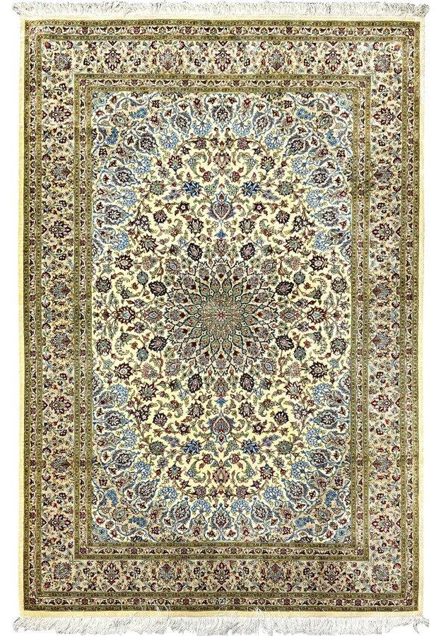 Full view of a 4'5 x 6'7 signed Persian Qum pure silk rug featuring an intricate floral medallion, ivory field, fine knot density, and classic Persian symmetry.