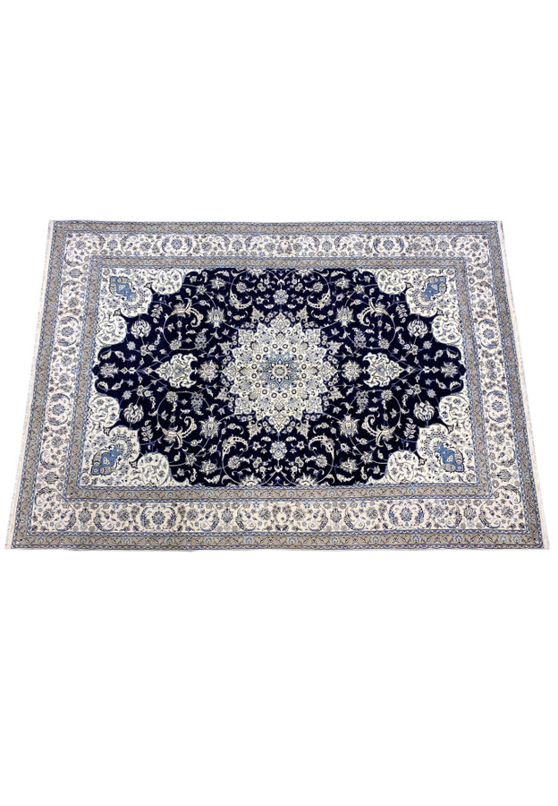 Top view of a rare size Persian Nain 9 La rug highlighting symmetrical design, elongated format, and refined floral composition