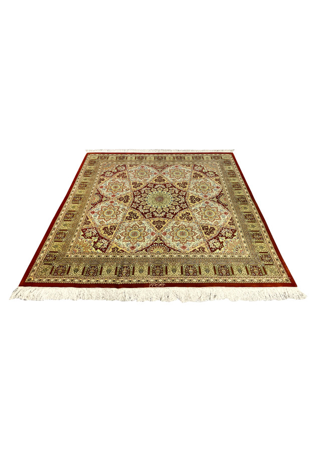 Signed Amjadi Persian Qum silk on silk square rug laid flat, showing balanced proportions, luminous ivory field, and detailed medallion layout