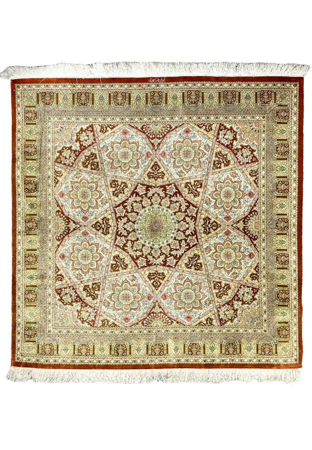 Full view of signed Amjadi Persian Qum 5 x 5 square rug, hand knotted with pure silk on silk, featuring a star medallion and refined symmetry
