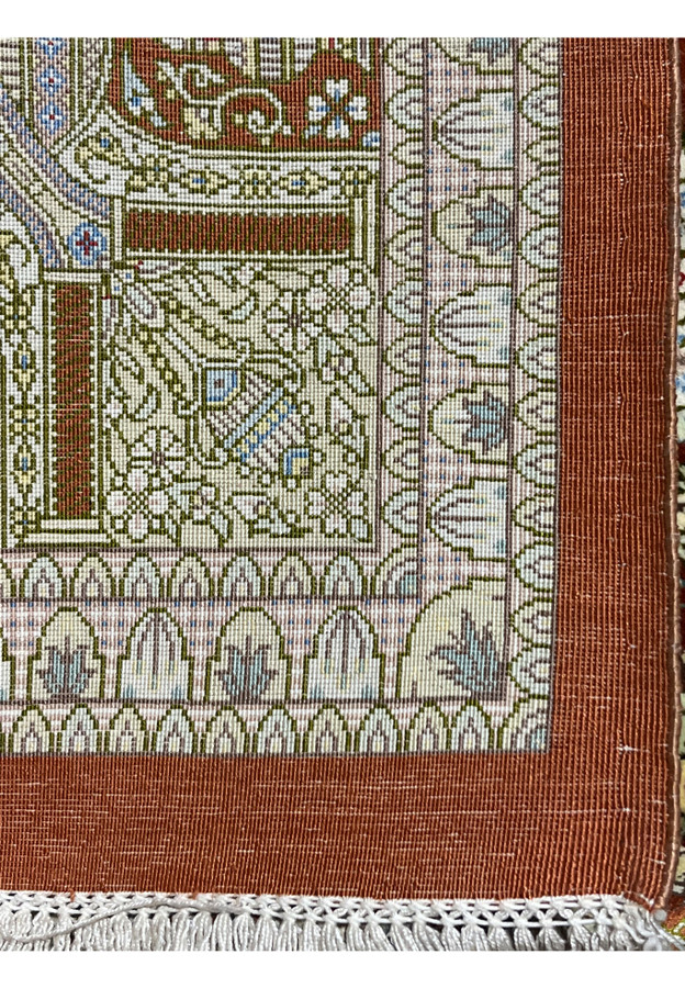 Backside view of signed Amjadi Persian Qum silk on silk rug displaying uniform knotting, clean structure, and expert craftsmanship