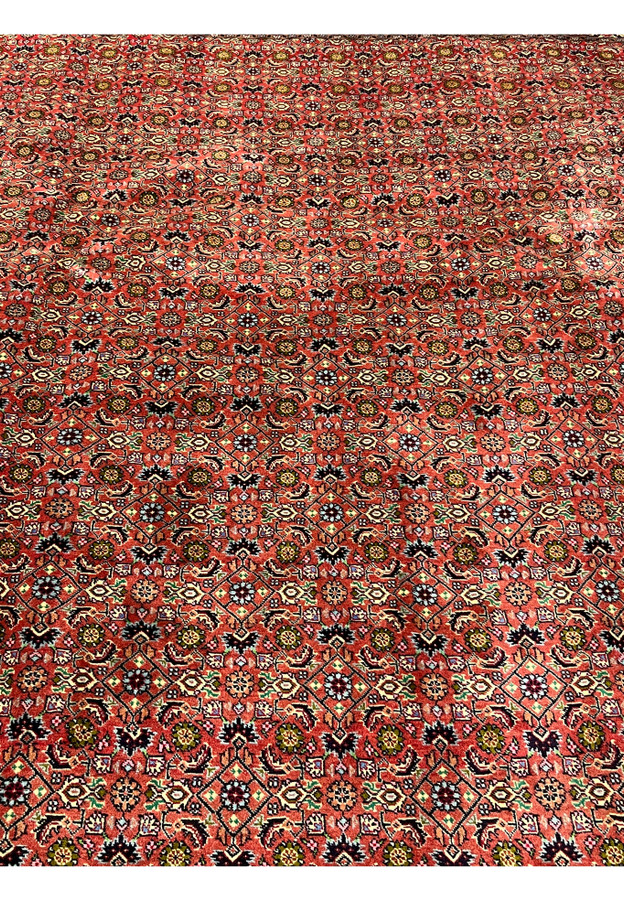 Detailed pattern shot of Persian Bijar rug with repeating all-over floral lattice and balanced symmetry