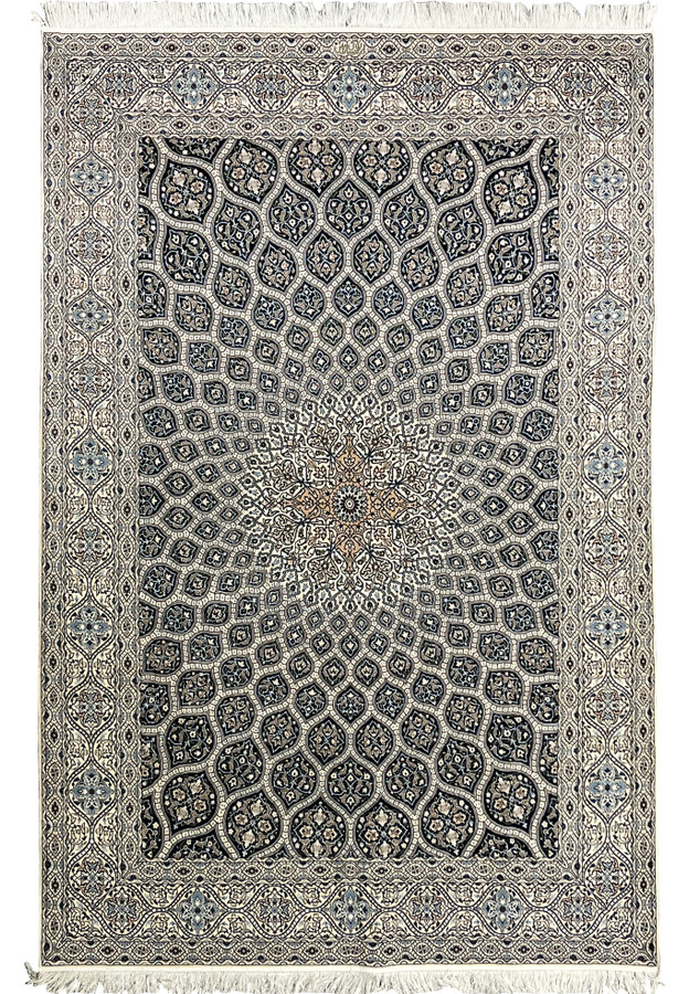 6'9 x 10 Persian Nain Habibian 6 LA Kork and silk rug with ivory field navy Gombadi dome medallion floral border handmade in Persia.