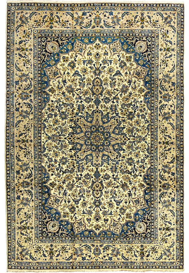 10'2 x 14'3 Persian Kashan rug full view with ivory field navy floral border and intricate central medallion handmade wool carpet from Persia