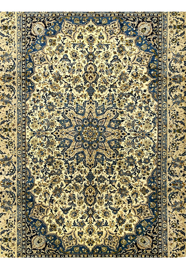 Close view of ivory midfield on Persian Kashan rug with detailed floral motifs blue highlights and fine wool knotting