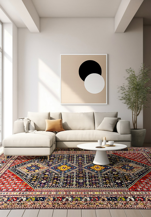 Full view 8'7 x 11'7 Persian Yalameh tribal rug