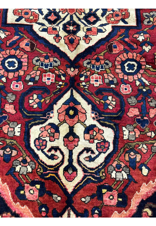 Floral motif detail of vintage hand-knotted Persian Bakhtiari rug with palmette and rosette patterns.
