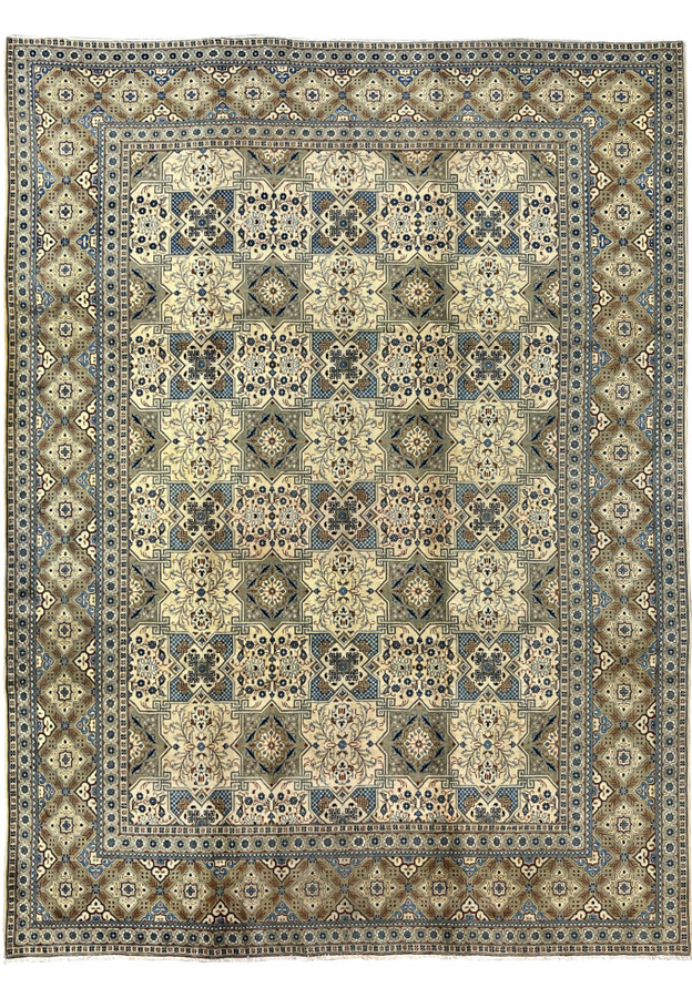 Full flat-lay view of a hand-knotted Persian Tabriz rug measuring 9’8 x 13 feet, displaying a Kheshti panel design with eight-pointed star medallions in ivory, cerulean blue, navy, and sage green, surrounded by a multi-layered diamond border in taupe and brown.