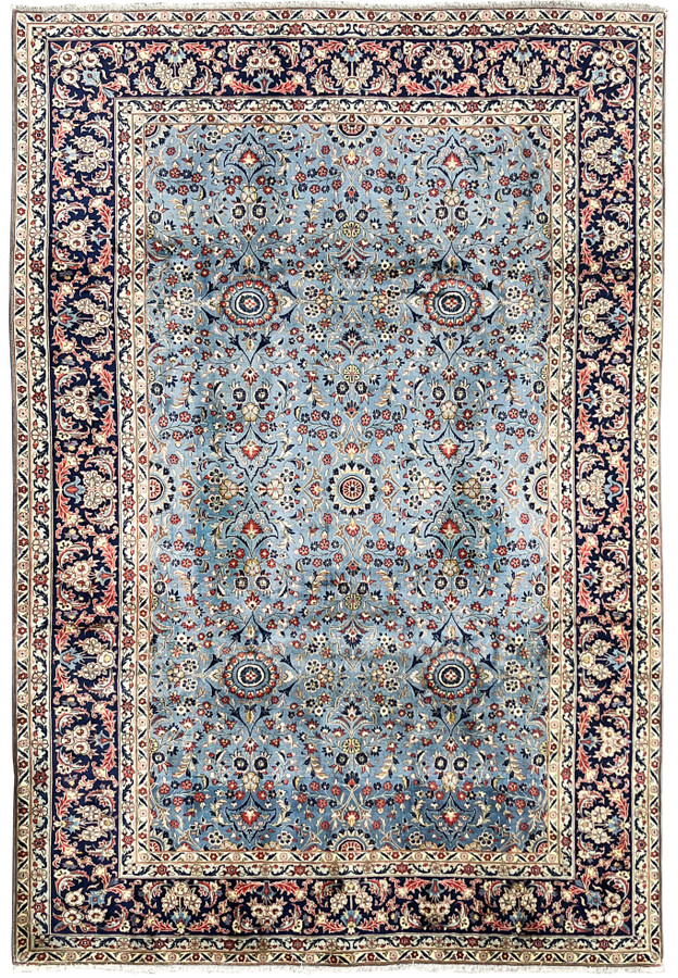 Vintage Persian Kashan rug 8x12 flatlay top view steel blue allover islimi floral field