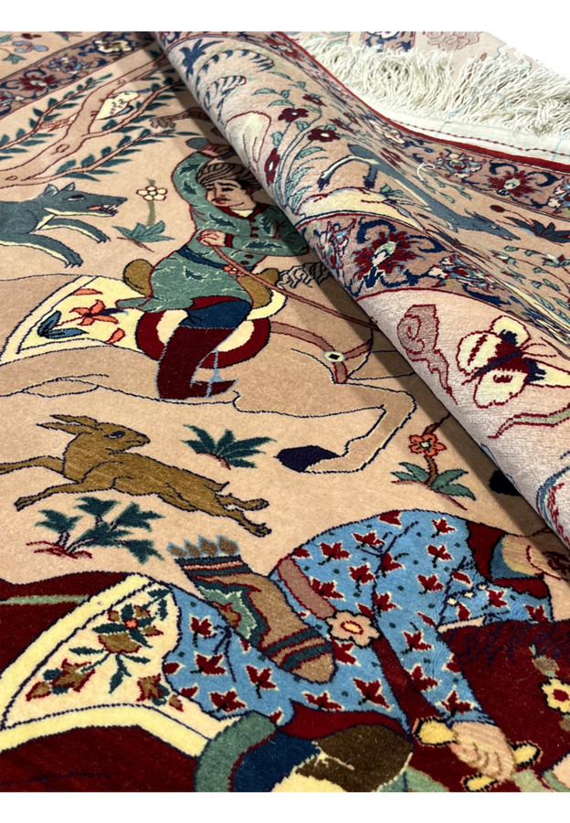 Close-up of silk foundation on 5x8 fine Persian Isfahan Seirafian wool and silk hunting rug