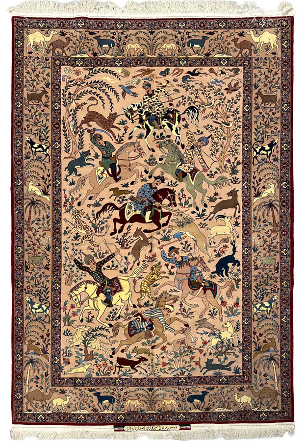 Fine 5x8 Persian Isfahan Seirafian rug with royal hunting scene on blush ground, full view