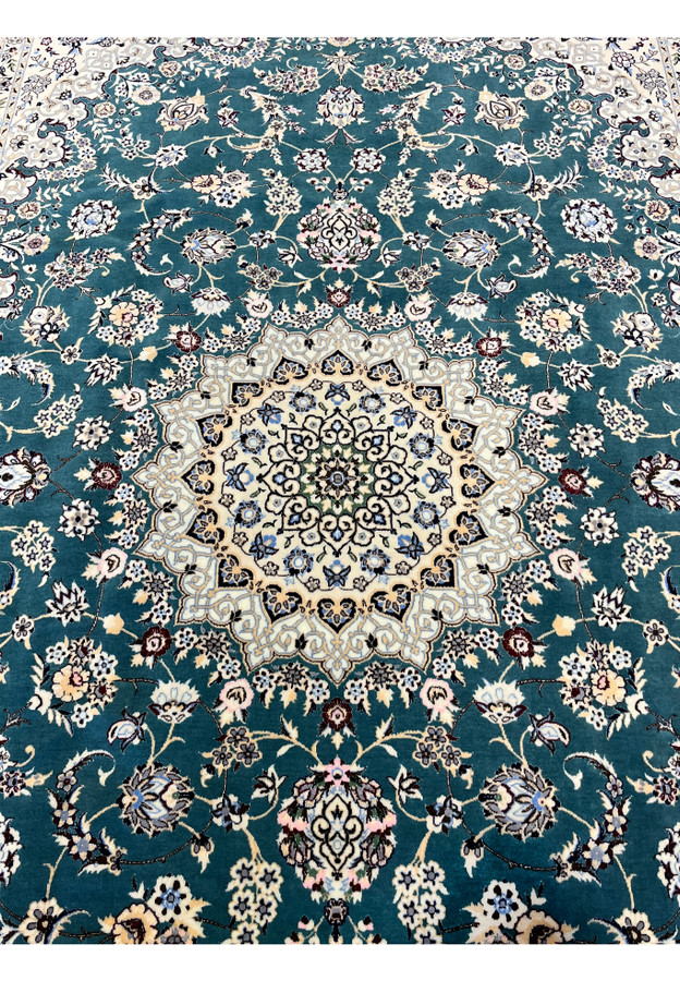 Midfield and medallion view of 7x10 Persian Nain 6La Habibian teal wool and silk rug