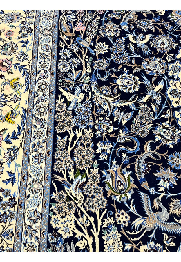 7x10 Persian Nain 6La Habibian Handmade Wool and Silk Rug Side Border Pattern Detail Ivory Floral Vines Navy Blue Field