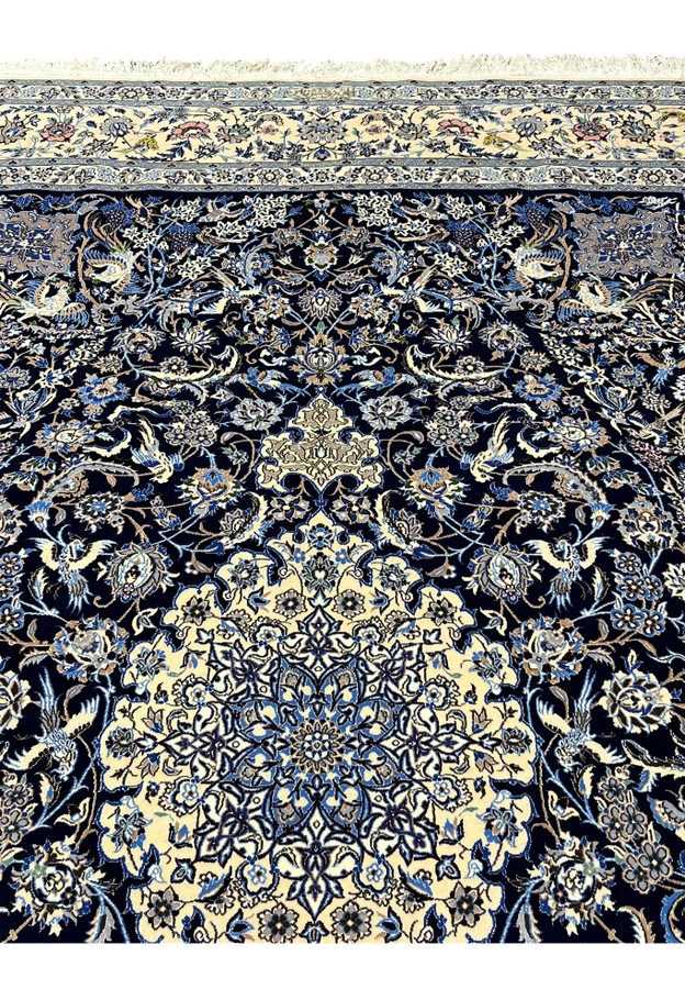 7x10 Persian Nain 6La Habibian Handmade Wool and Silk Rug Intricate Medallion Floral Pattern Navy Blue Cream Detail View