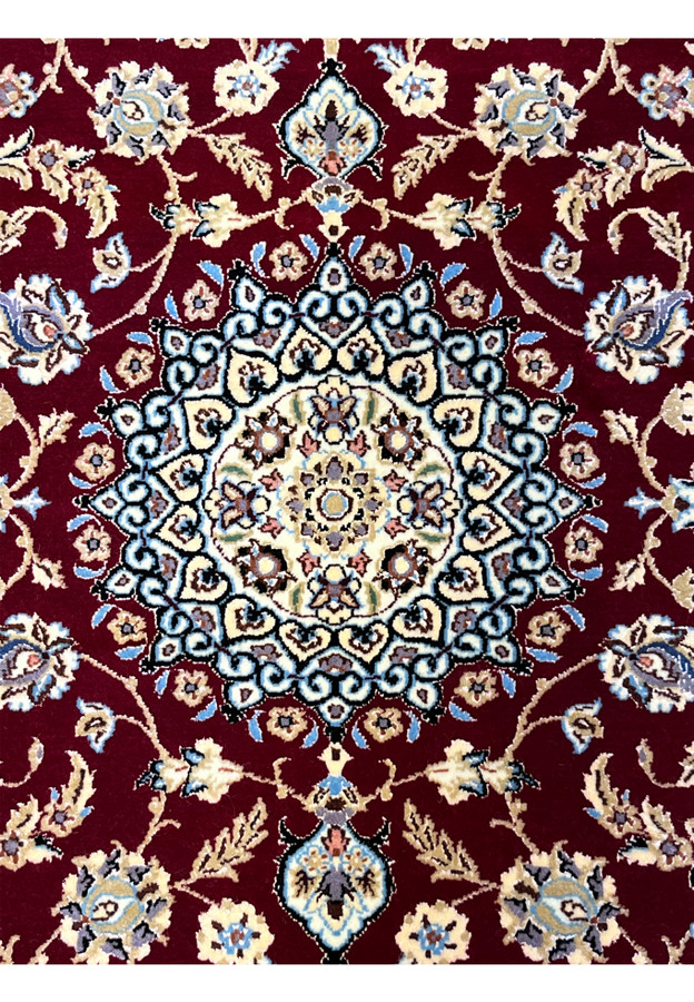 2'9x17 Persian Nain 6La Habibian runner wool silk crimson ivory blue star medallion detail shot