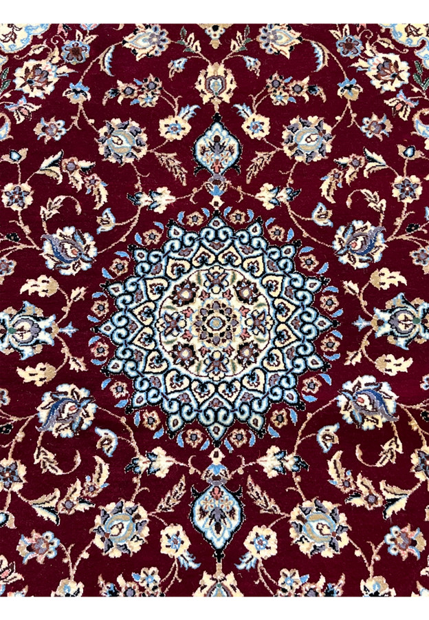 2'9x17 Persian Nain 6La Habibian runner wool silk crimson ivory blue medallion rosette closeup