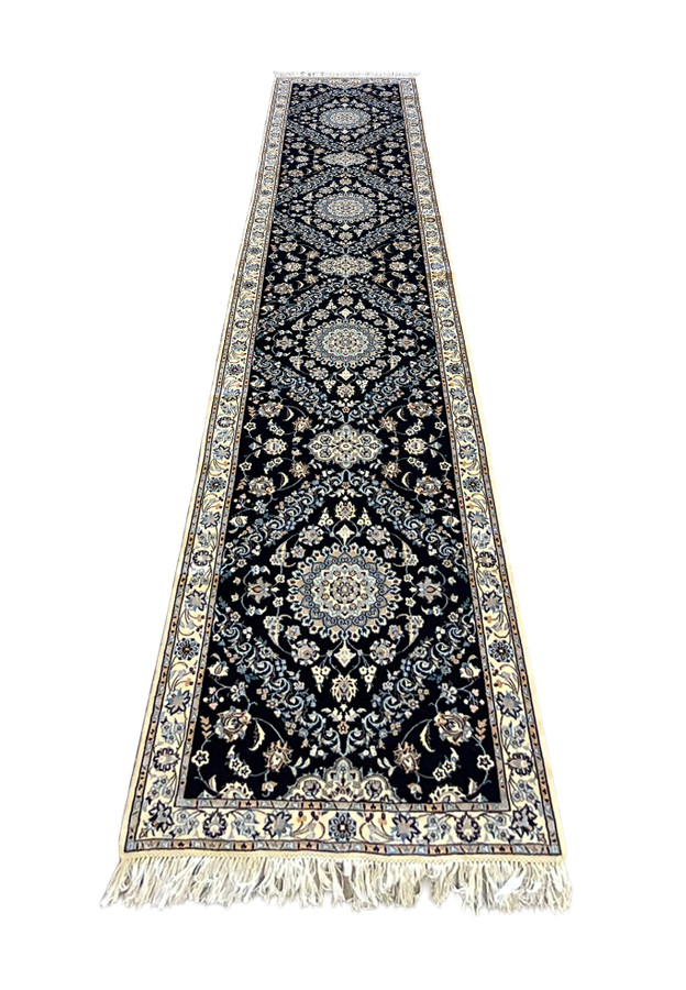 2'9x13 Persian Nain 6La navy blue ivory wool silk medallion floral runner laid down view