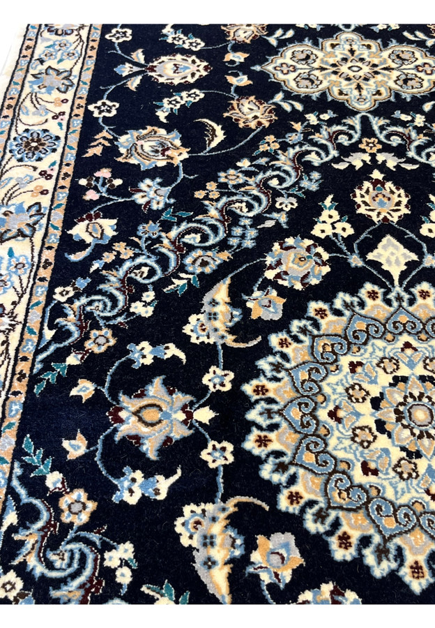 2'9x13 Persian Nain 6La navy blue ivory wool silk arabesque motifs pattern field closeup