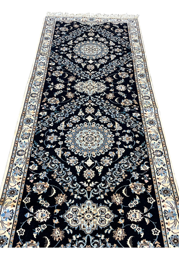2'9x13 Persian Nain 6La navy blue ivory wool silk arabesque floral midfield view