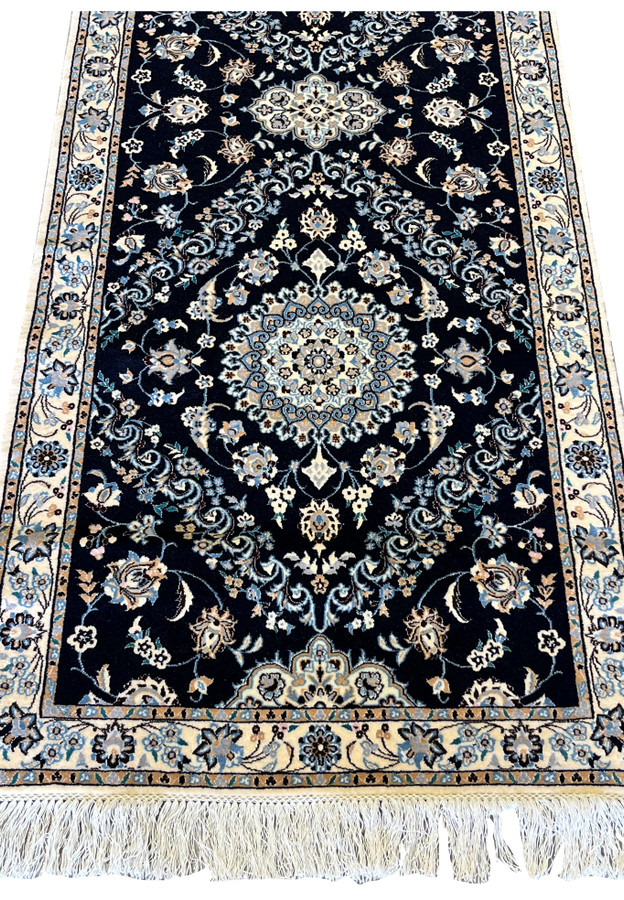 2'9x13 Persian Nain 6La navy blue ivory wool silk medallion floral lower section view