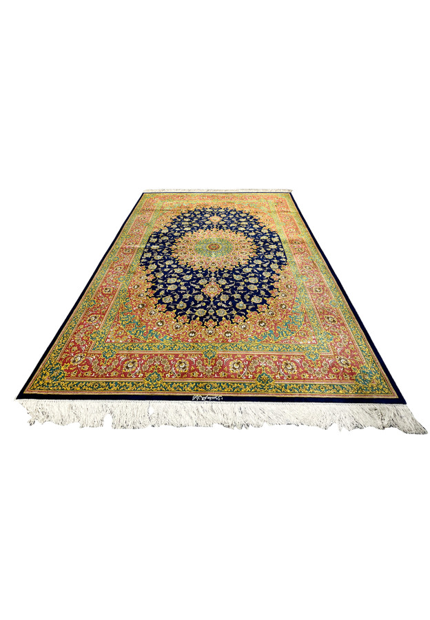 4x6 Persian Qum pure silk rug signed Kabiri navy rose teal gold floral medallion laid flat view