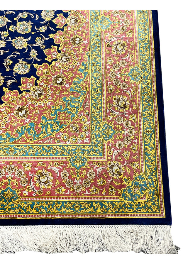 4x6 Persian Qum pure silk rug Kabiri navy rose teal yellow gold floral border corner closeup detail