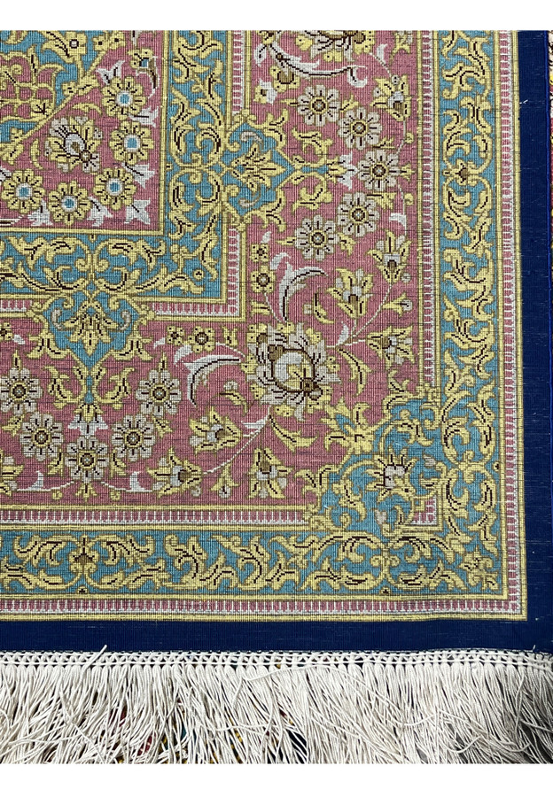 4x6 Persian Qum pure silk rug Kabiri backside showing knot density rose teal gold pattern detail