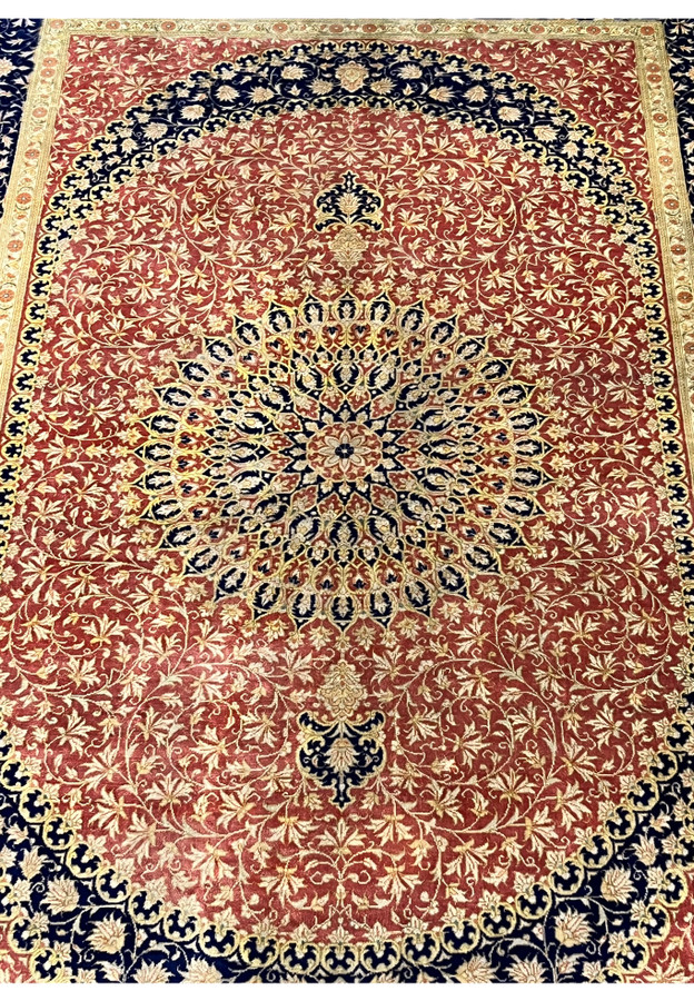 3x5 Persian Qum pure silk rug Amir Naghash rose navy gold star medallion field detail