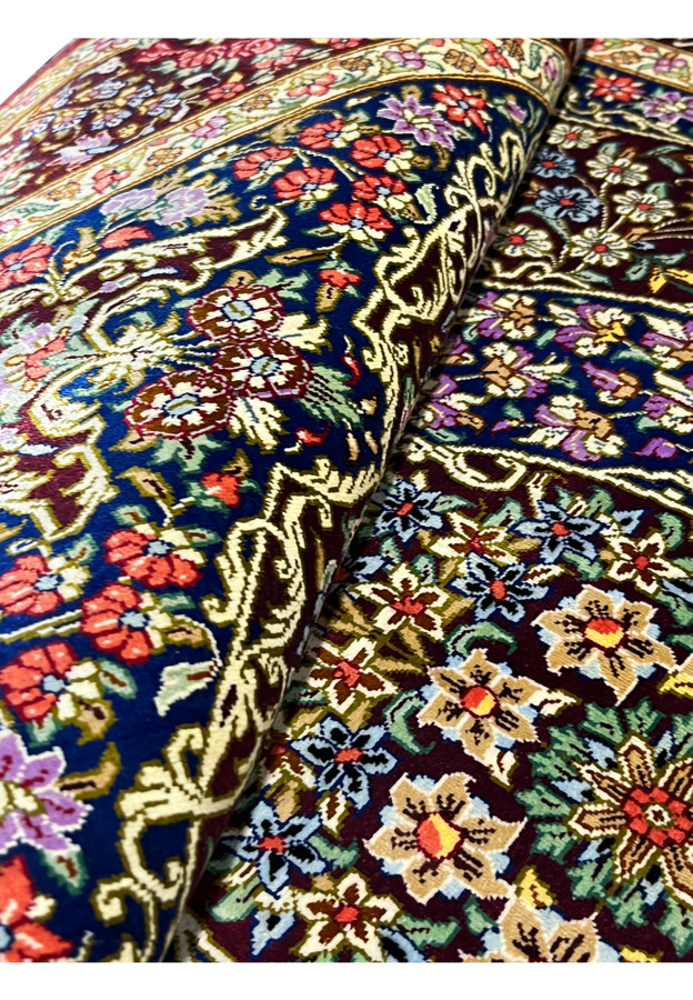 3x5 Persian Qum pure silk rug Varmaluei burgundy navy gold coral floral upper field detail