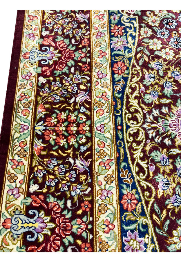 3x5 Persian Qum pure silk rug signed Varmaluei burgundy navy multicolor medallion laid down view