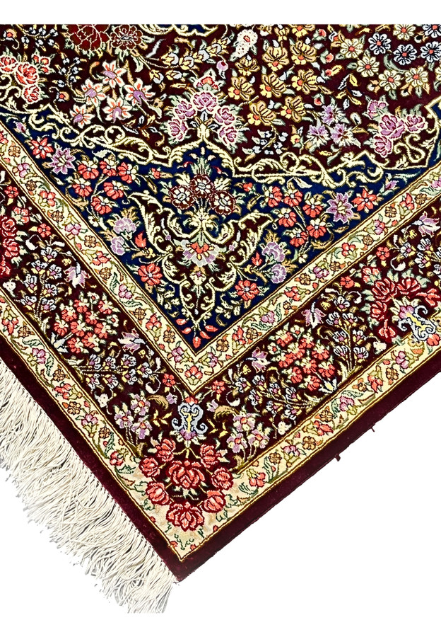 3x5 Persian Qum pure silk rug Varmaluei burgundy navy gold silk pile depth sheen rolled