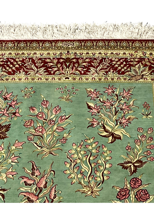 3x5 Persian Qum pure silk rug signed Motevasel pink tulip floral spray celadon field upper section
