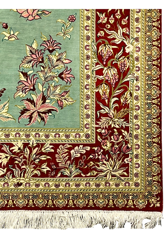 3x5 Persian Qum pure silk rug signed Motevasel crimson red floral vine border corner celadon field