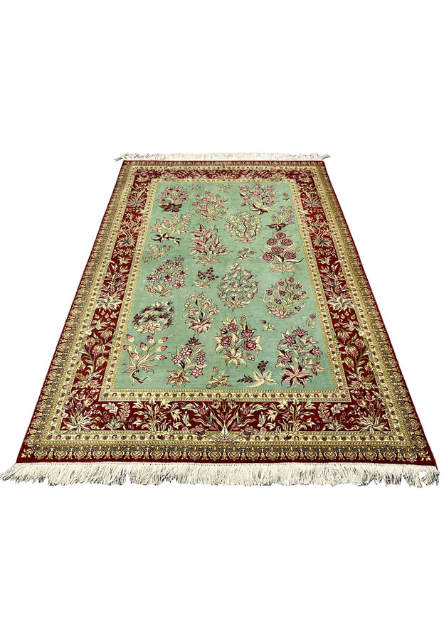 3x5 Persian Qum pure silk rug signed Motevasel allover garden floral celadon crimson laid flat view