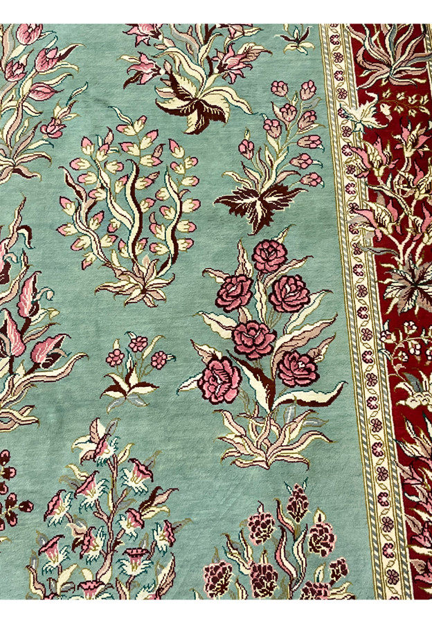 3x5 Persian Qum pure silk rug signed Motevasel pink rose lily floral pattern celadon crimson border