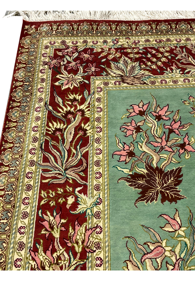 3x5 Persian Qum pure silk rug signed Motevasel crimson floral border signature ivory fringe upper