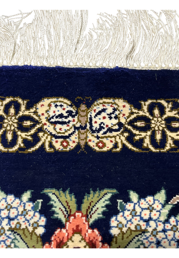 3x5 Persian Qum pure silk rug signed Persian script signature header band ivory fringe
