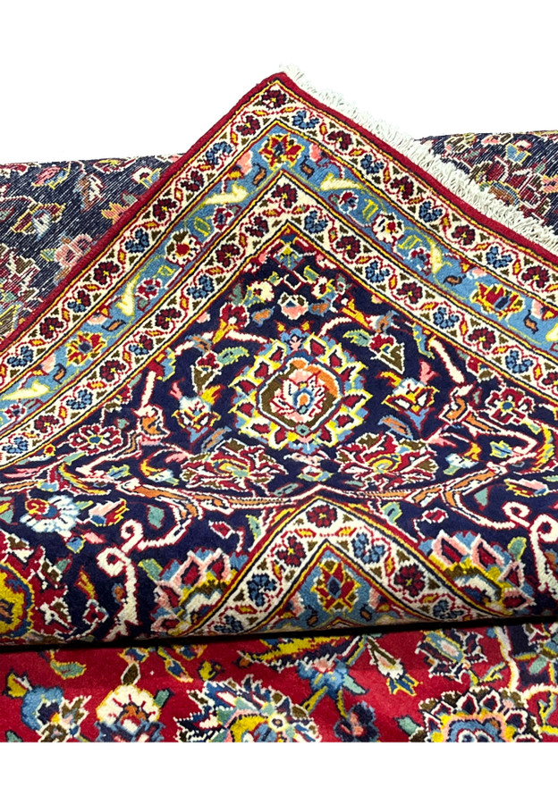 10x14'7 Persian Kashan rug featured on Shark Tank folded corner edge navy border ivory fringe detail