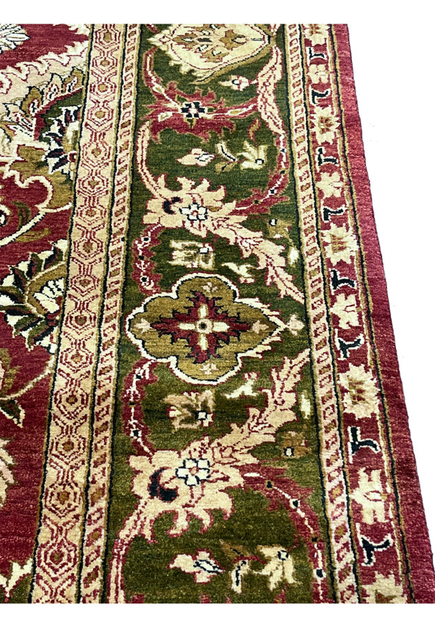 10x15 Oriental Agra rug olive green floral border ivory guard closeup detail