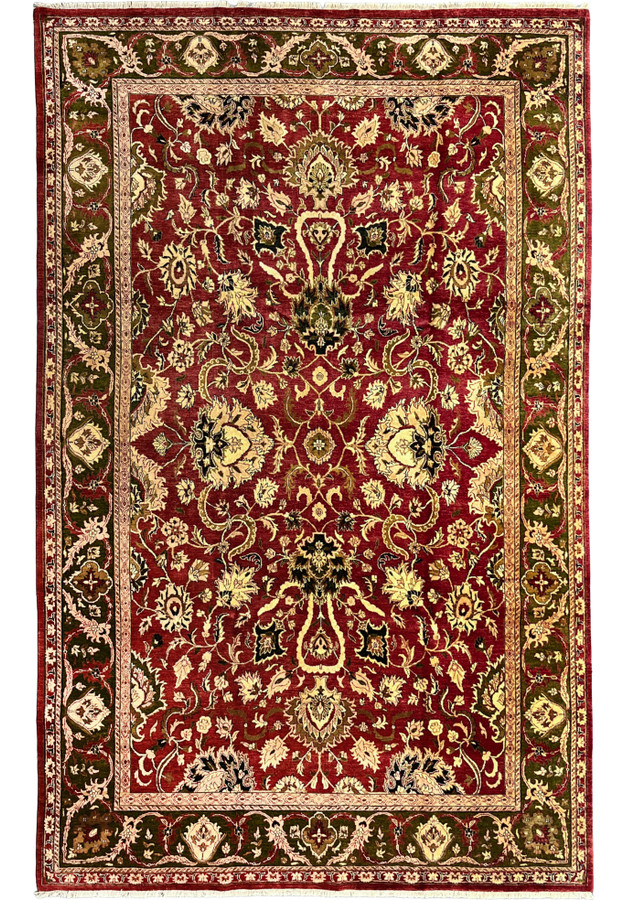 10x15 Oriental Agra rug allover scrolling floral crimson red olive green full view
