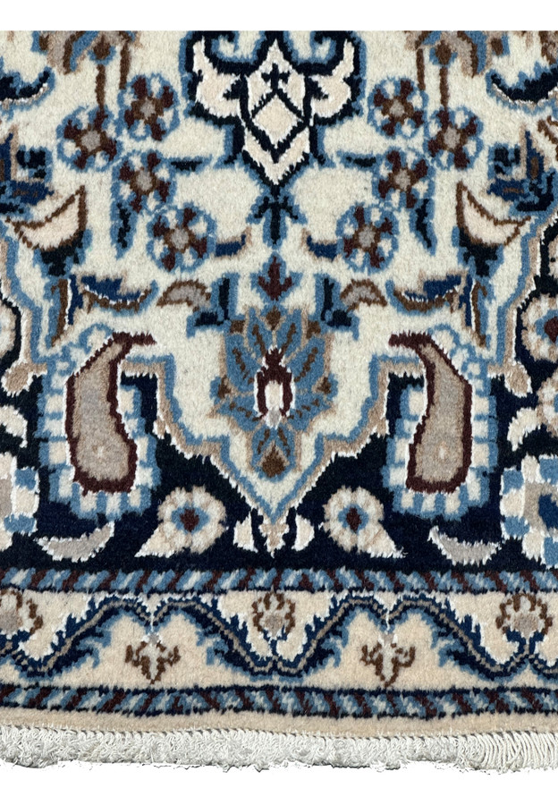3x5 Persian Nain rug lower border navy ivory floral vine fringe detail