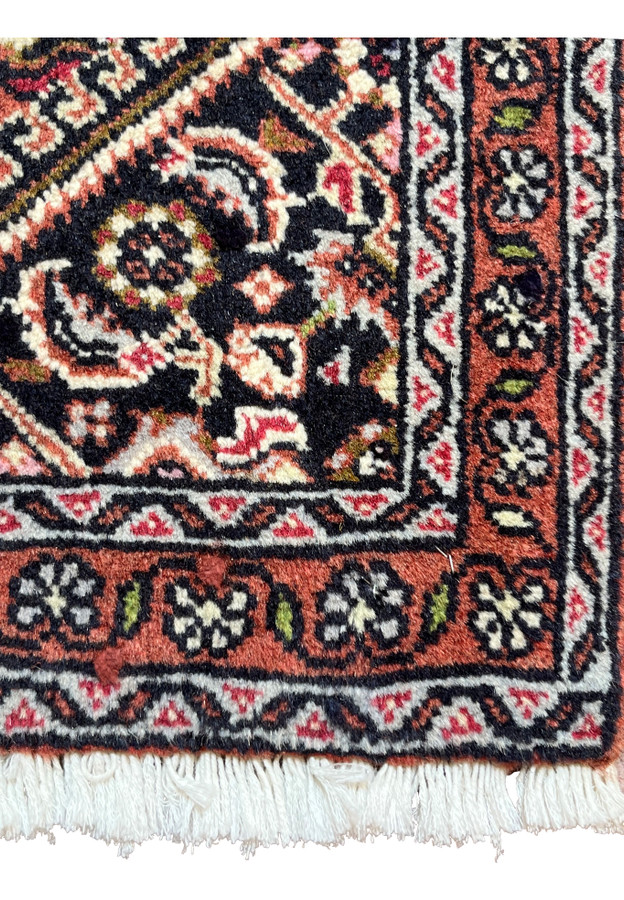 1x2 Persian Bijar baby rug lower border fringe detail rust navy ivory floral guard bands