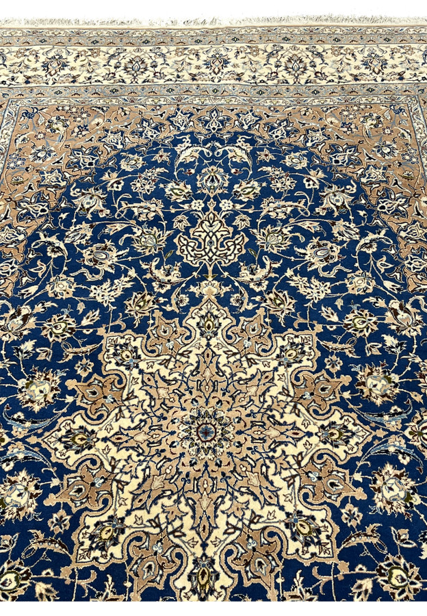 7x11 antique Persian Nain 9La rug upper field navy ivory medallion floral silk highlights