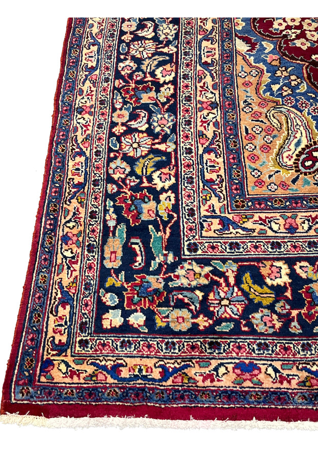 10x13 distressed antique Persian Mashad rug navy main border floral vines rosettes paisley