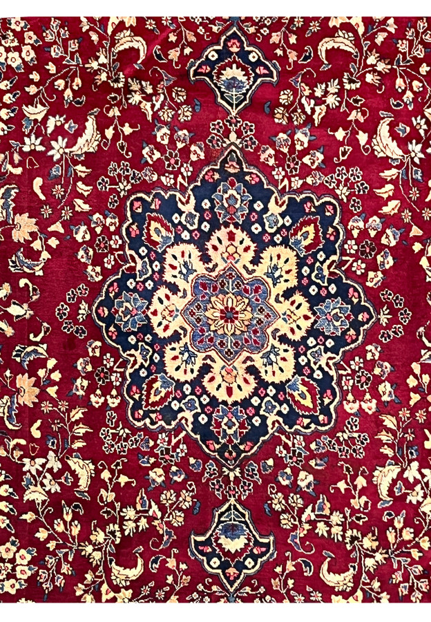 10x13 distressed antique Persian Mashad rug center medallion navy ivory pink star rosette