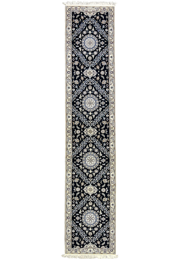 3x15 Persian Nain 6La Habibian signed runner full view, navy field, ivory border, four medallion allover design